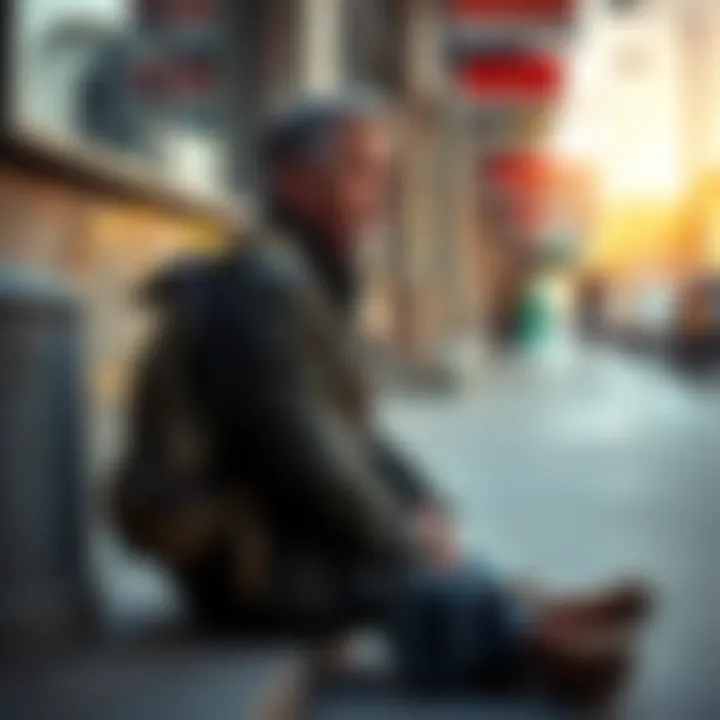 A homeless man with a worn backpack sitting on a sidewalk, looking thoughtful as passersby glance his way.