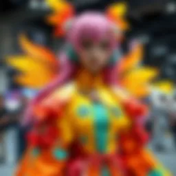 A person showcasing a detailed homemade Shinobu costume with vibrant colors and intricate details at a cosplay event.