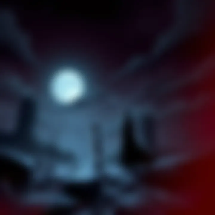Dark and eerie scene featuring characters from horror anime standing in a haunted landscape with shadows and mist.