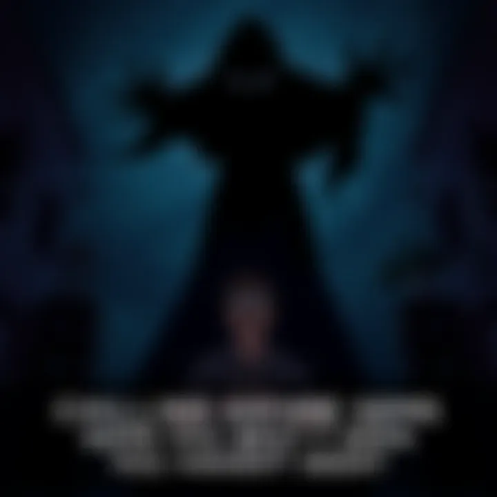 A dark and eerie anime setting with a shadowy figure looming over a frightened character in a dimly lit room.