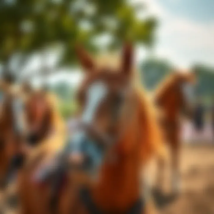 A group of young women enjoying time with horses in a vibrant setting, showcasing their bond and passion for equine activities.