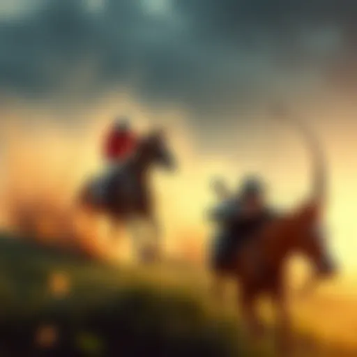 A person riding a horse in a race while another person aims a bow in a hunting setting