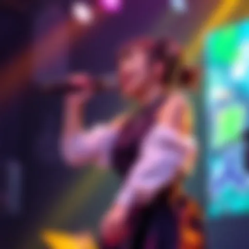 Hoshimachi Suisei energetically singing on stage with colorful lights around her