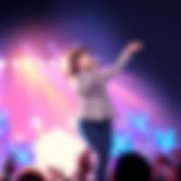 Hoshimachi Suisei performs energetically with a microphone, surrounded by colorful stage lights and fans cheering.
