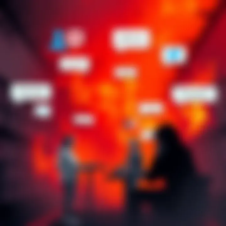 A graphic showing a heated online debate with text bubbles and social media icons, highlighting various opinions being exchanged.