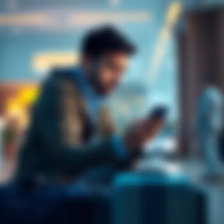 A worried person looking at their phone, checking for hotel booking confirmation emails, with a suitcase nearby.
