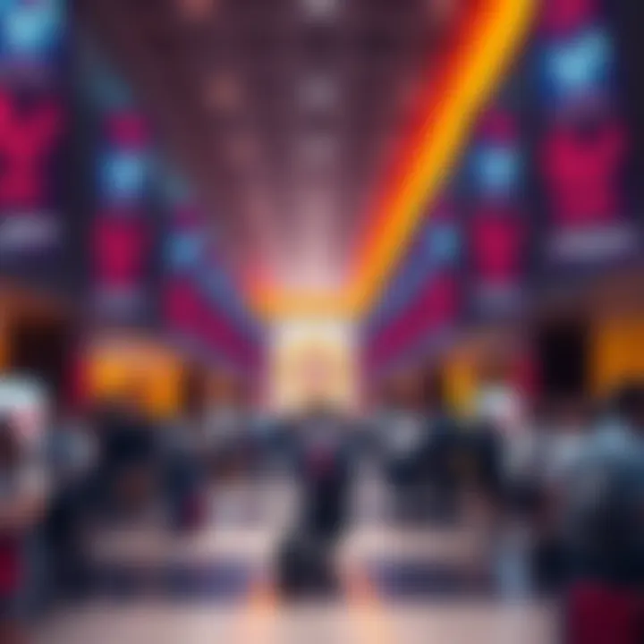 A crowded hotel lobby with people checking in, banners for NY Anime Expo in the background
