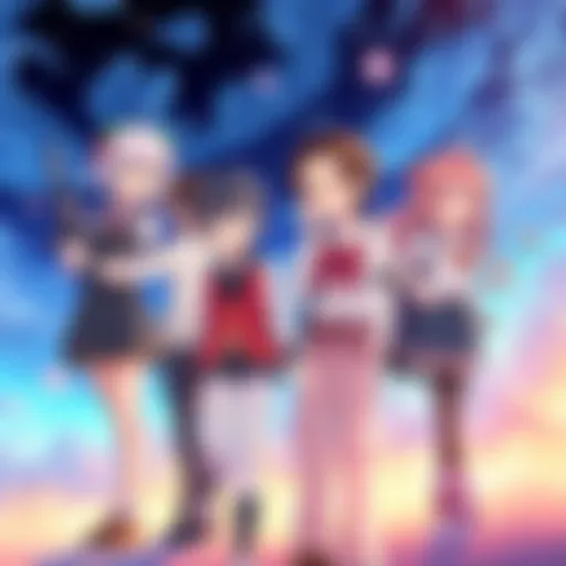 Main characters of Houkago, Bokura wa Uchuu ni Madou in a vibrant setting, showcasing their unique traits and expressions.