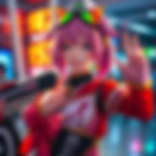 Person in vibrant Houshou Marine cosplay costume with a cheerful expression, holding props related to the character