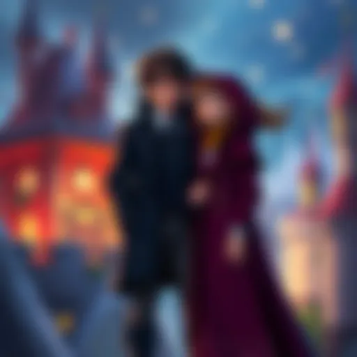 Howl and Sophie standing together with a whimsical background, representing their relationship from the book and film.