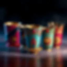 A selection of beautifully crafted cups inspired by Howl's Moving Castle, showcasing unique designs and vibrant colors.
