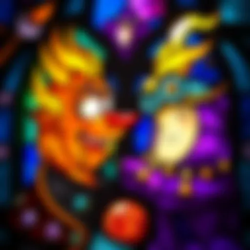 A stained glass piece depicting Howl and Calcifer from Howl's Moving Castle, showcasing vibrant colors and intricate details, created using the Tiffany method.