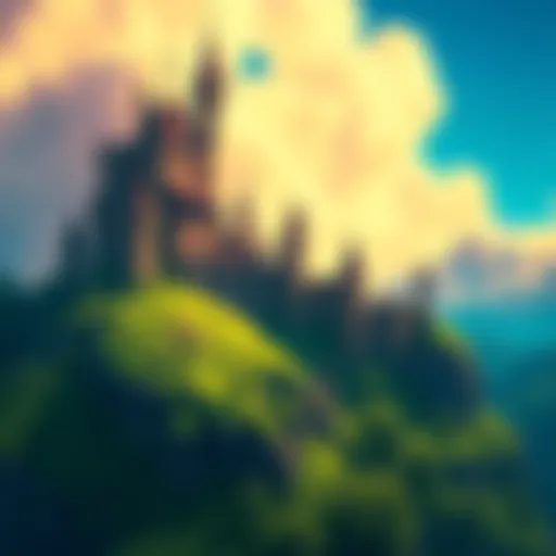 A vibrant scene from Howl's Moving Castle showcasing a magical castle set against lush hills and a blue sky.
