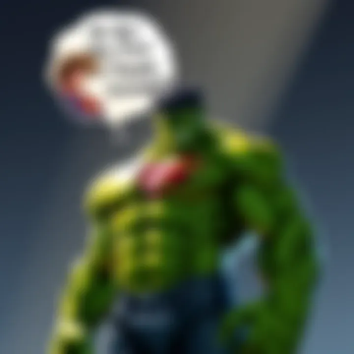 Hulk standing confidently with a thought bubble showing Goku and Superman
