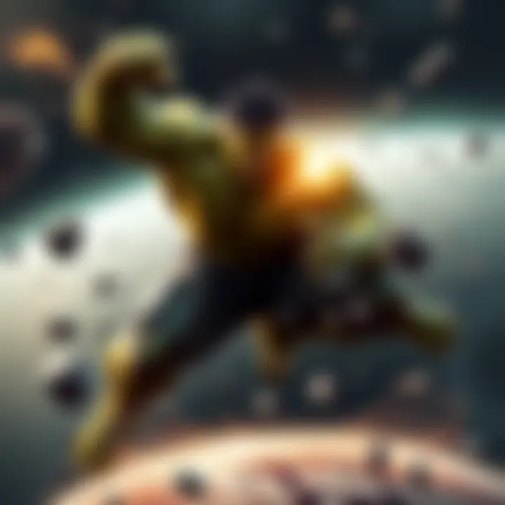 Hulk Striking Planet The Hulk, a green-skinned giant, is shown in mid-swing with a massive fist raised, about to strike a cracked planet surface underneath him, surrounded by debris and energy effects.