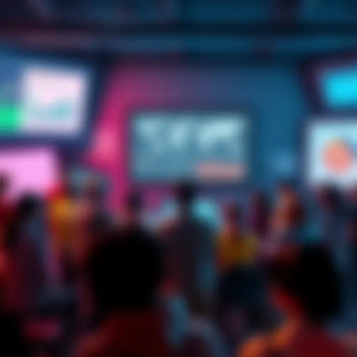 A diverse group of people engaged in a serious discussion about the Human Salvation Project, surrounded by charts and digital screens showing data and projections.
