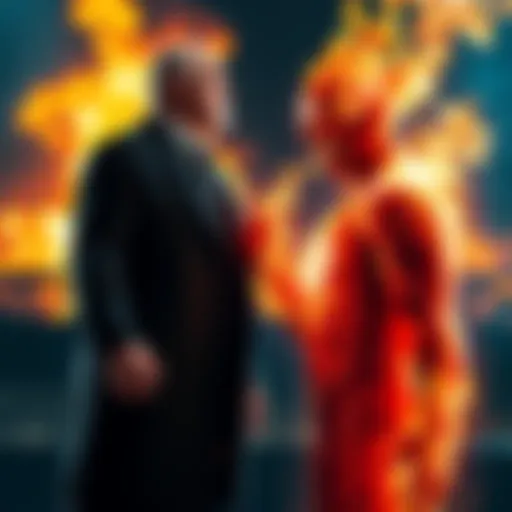 Human Torch vs Father An intense battle scene featuring the Human Torch releasing flames while facing off against Father, who stands confidently with a determined expression. The background shows flames and a chaotic envir...