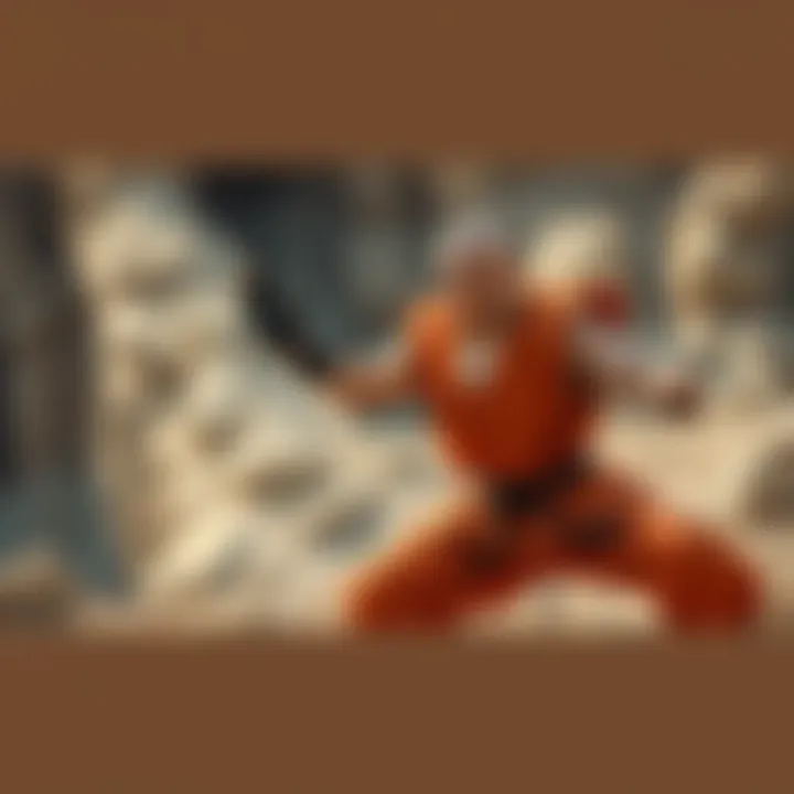 A scene showing human Z Fighters like Tien training vigorously to improve their power levels, with a backdrop of a rocky terrain reminiscent of their battles, illustrating their growth and determination.