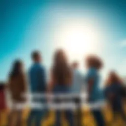 A group of diverse people pondering the concept of friendship with a higher power, standing in a serene outdoor setting under a bright blue sky.