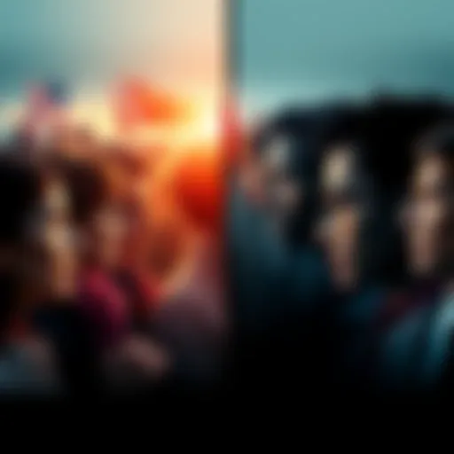 A split image showing two groups of people with contrasting views, emphasizing the divide in society.