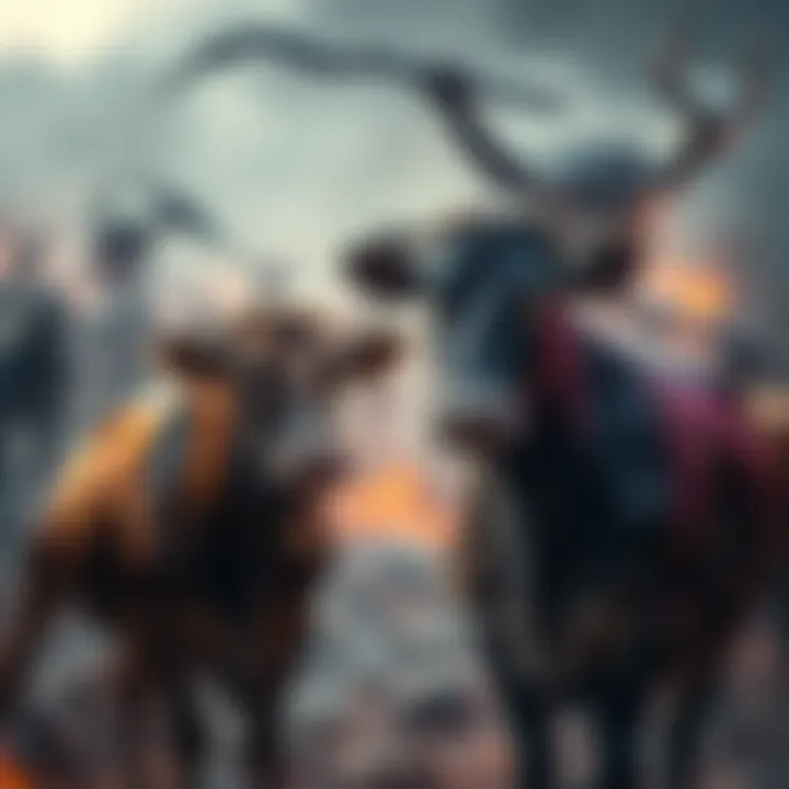 Humans and Cows Connection A person standing next to a calm cow, symbolizing the bond between humans and animals, with a background reflecting a scene from a battle with demons.
