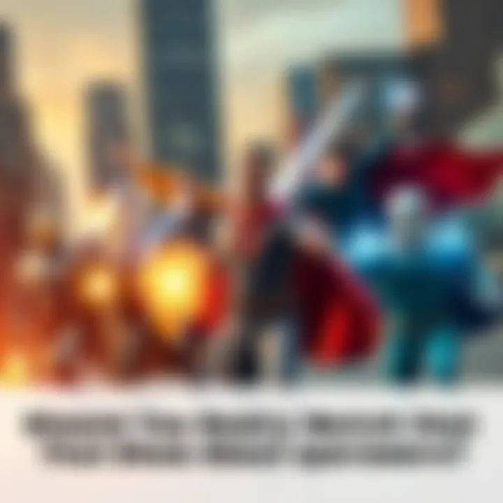 A group of diverse individuals showcasing different superpowers, poised heroically against a city backdrop.