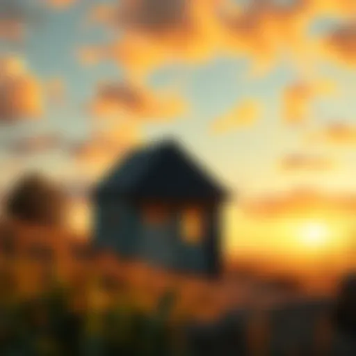 A person standing in front of a small house representing modest beginnings, with a determined look towards the horizon.
