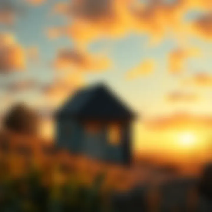 A person standing in front of a small house representing modest beginnings, with a determined look towards the horizon.