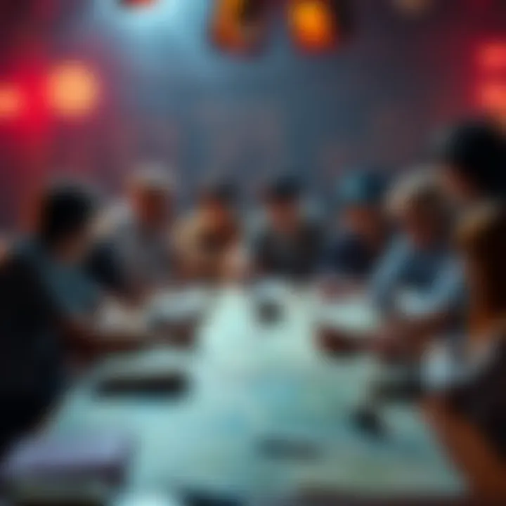 A group of enthusiasts discussing theories about Zoro's whereabouts, with maps and notes spread out on a table.