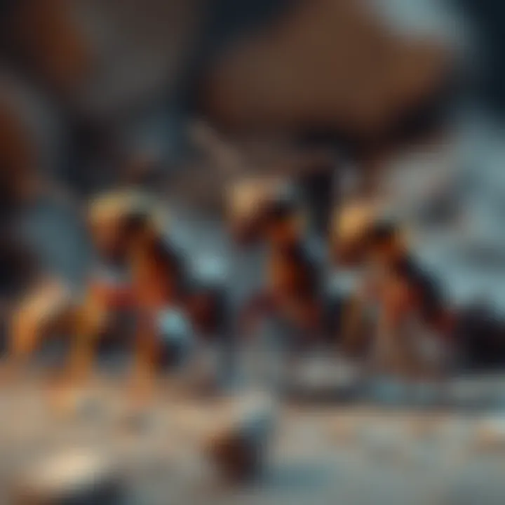 A group of ants in a meeting, discussing strategies against a looming threat. One ant looks concerned while others seem unsure about their next move.