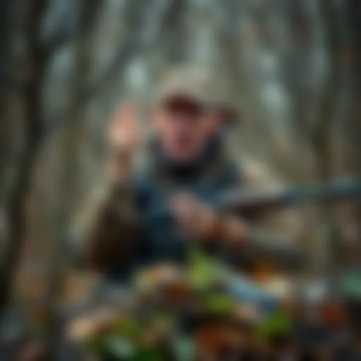 A clumsy hunter fumbles with his equipment in the woods, looking confused and unsuccessful while trying to track game.