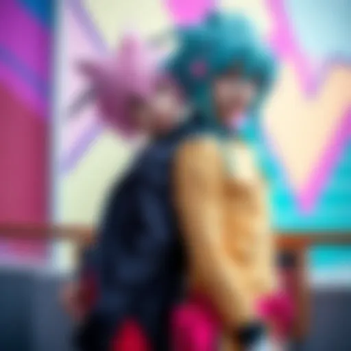 A photo featuring cosplayers dressed as Kurapika and Leorio from Hunter x Hunter, showcasing their outfits and styled wigs, with a colorful background.