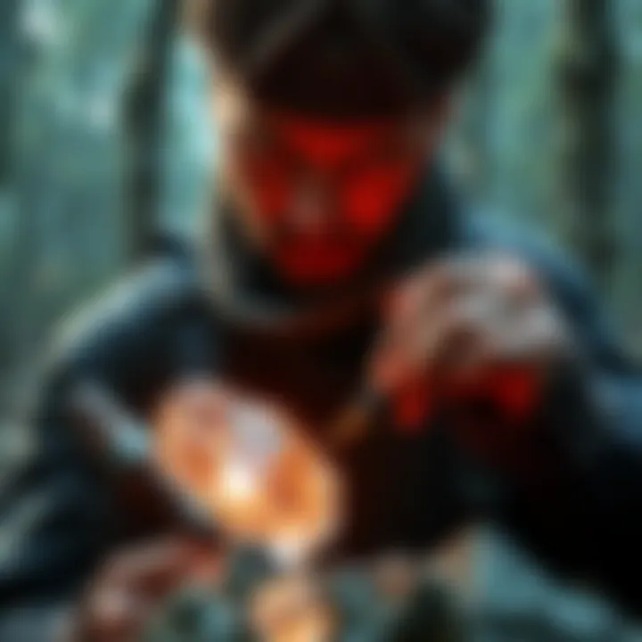 Huntsman examining crystal evidence A huntsman looks closely at a shimmering crystal that may prove a grimm was killed, surrounded by a forest setting.