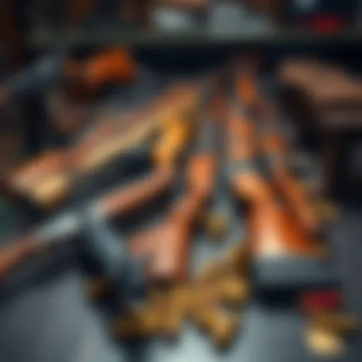 A collection of legal huntsman weapons arranged on a table, showcasing various types with shell casings visible nearby, highlighting the topic of tracking firearms.