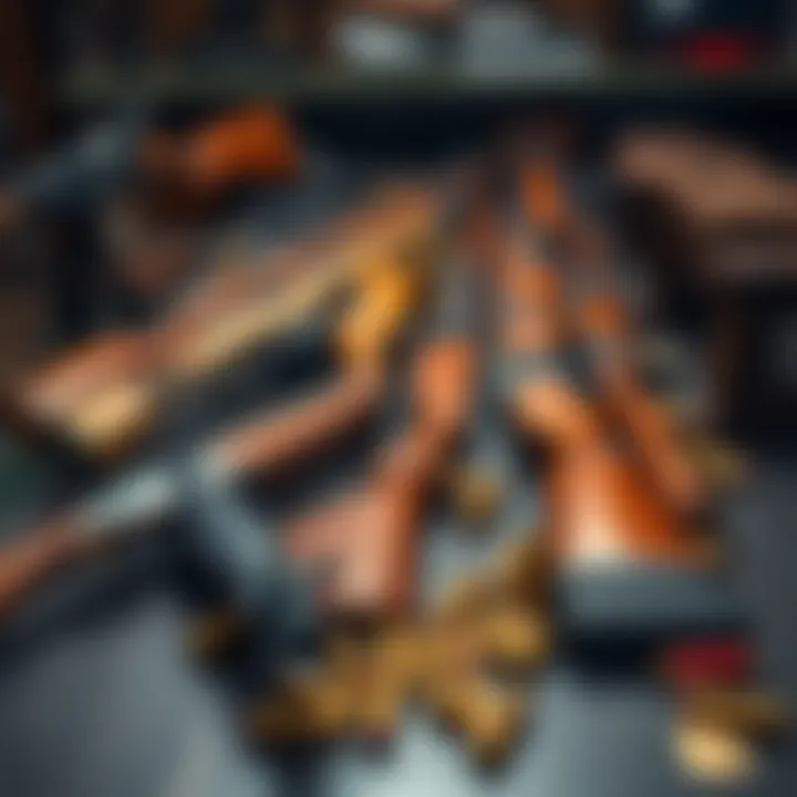 A collection of legal huntsman weapons arranged on a table, showcasing various types with shell casings visible nearby, highlighting the topic of tracking firearms.
