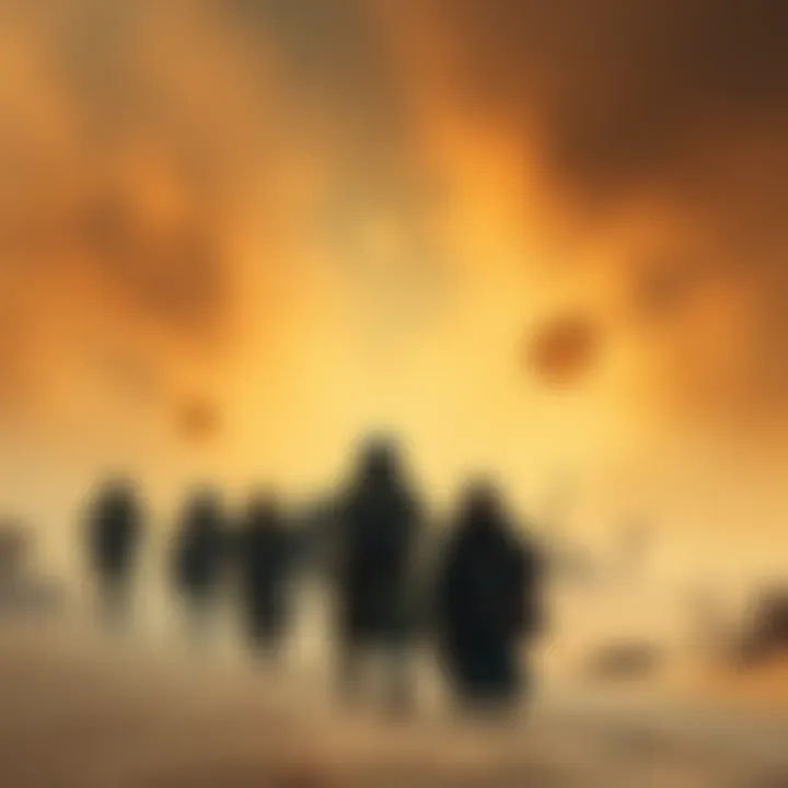 Huntsmen help distressed villagers as a massive sandstorm engulfs Vacuo, with an elderly couple asking about their lost son