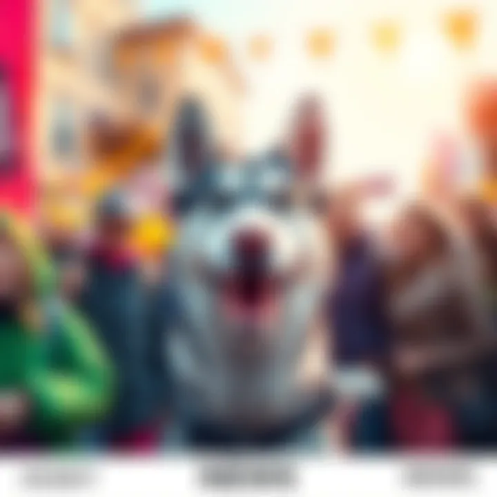 A friendly husky dog with a bright smile, surrounded by people enjoying the event and celebrating the new addition to the community.