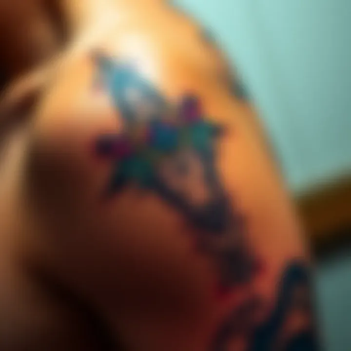 Close-up of a Hunter x Hunter tattoo design on a person's arm, showcasing intricate details and colors.