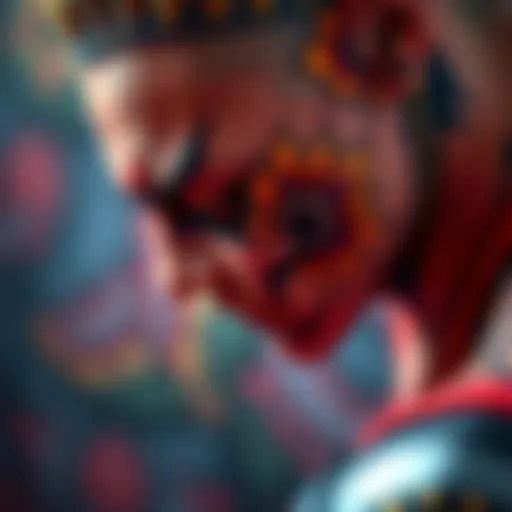 A close-up of a tattoo featuring Netero from HxH with a colorful mudamala design.