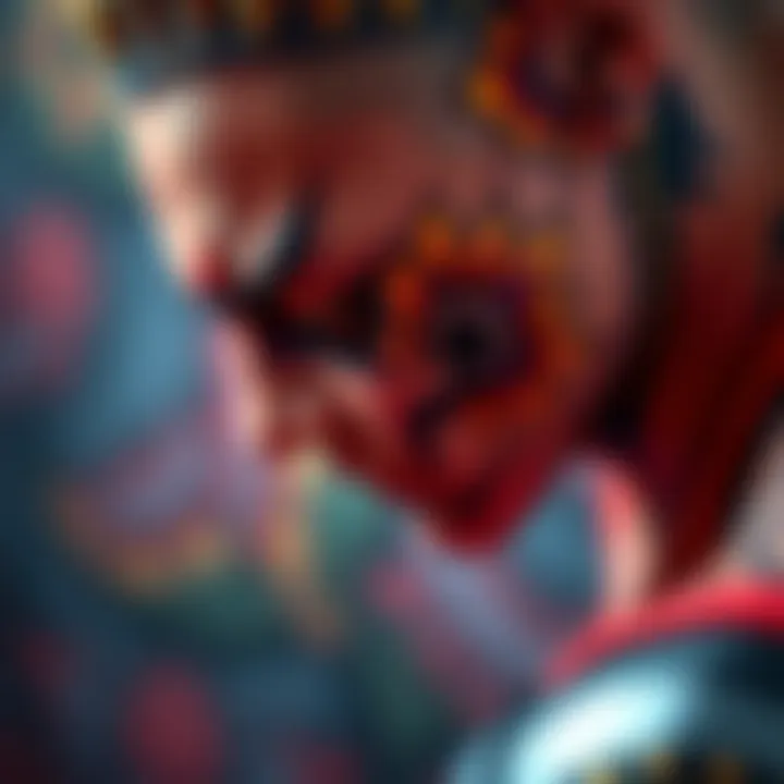 A close-up of a tattoo featuring Netero from HxH with a colorful mudamala design.