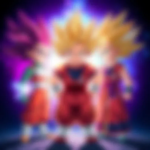 A hybrid Saiyan child stands confidently, facing off against a Saiyan child from Universe 6 and a Saiyan child from Universe 7, with energy auras glowing around them.