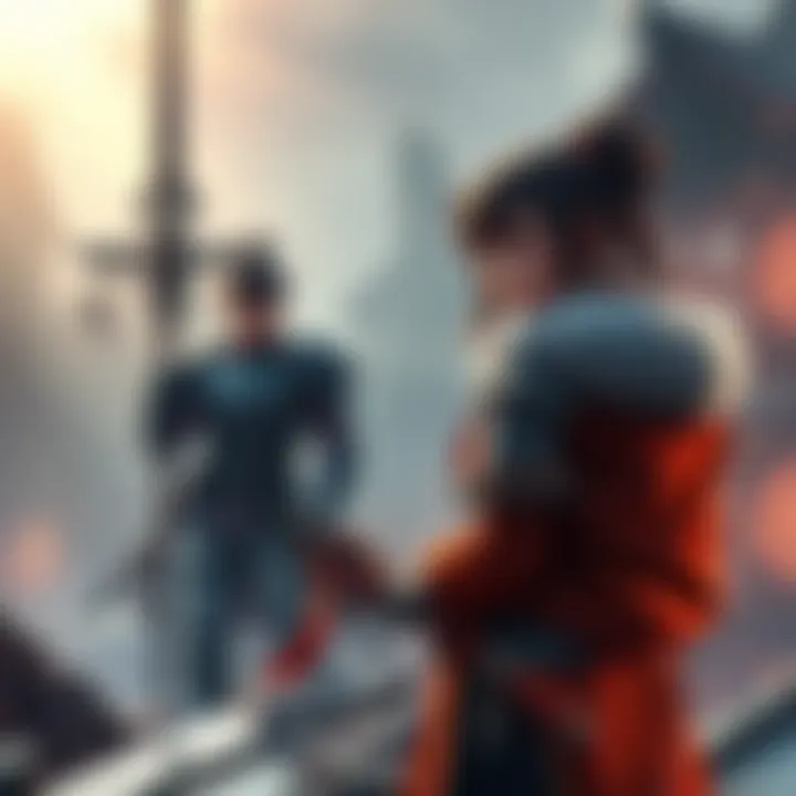 A scene showing Hygaos looking at his broken spear with concern while Mirai stands in the background, contemplating the aftermath of the event.