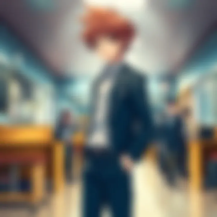Ibara Shiozaki stands confidently in a classroom, showcasing his unique hairstyle and school uniform, engaging with classmates.