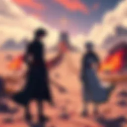 Ichigo and Aizen Ready for Battle Against Moro Ichigo and Aizen stand confidently in a dramatic pose, facing off against Moro in a barren landscape, ready to engage in an epic fight without magic.