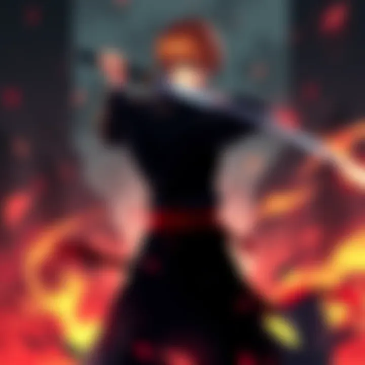 Ichigo standing ready for battle Ichigo in a fierce pose, his sword drawn, with an intense look on his face, showcasing the anticipation of his true Bankai reveal in the anime finale.