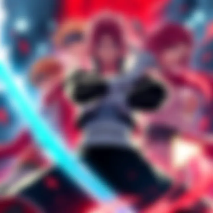 Ichigo battling anime heroes Ichigo from Bleach stands ready to fight against iconic anime characters from One Piece, Naruto, and Nanatsu No Taizai.