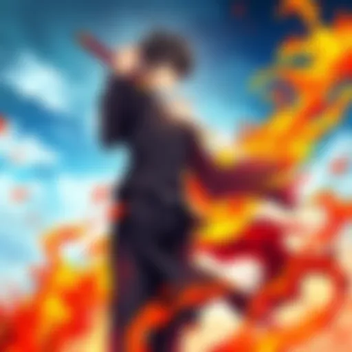 Ichigo Kurosaki standing with his sword, showcasing his shikai and bankai forms in a vibrant setting.