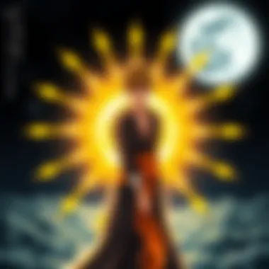 Ichigo with sun and moon symbols Ichigo surrounded by a bright sun on one side and a calm moon on the other, representing the debate of his character's essence