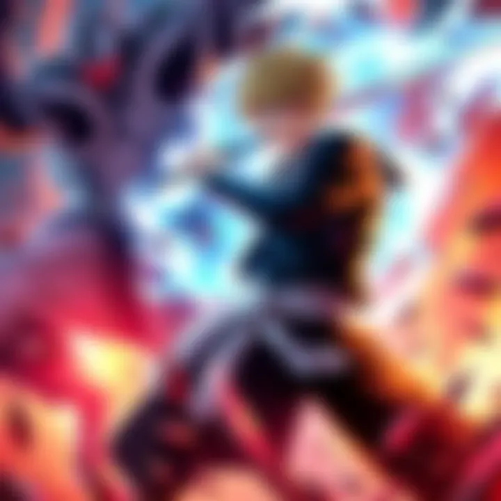 Ichigo Training in Action Ichigo from Bleach in a dynamic battle pose, surrounded by vibrant energy and powerful opponents, showcasing his skills and determination to level up.