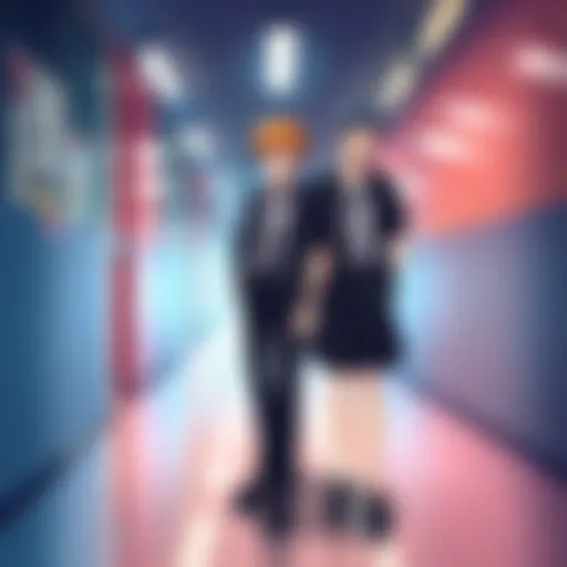 Ichigo Kurosaki and Uryu Ishida standing in a school hallway, looking surprised to see each other, with their school uniforms on.